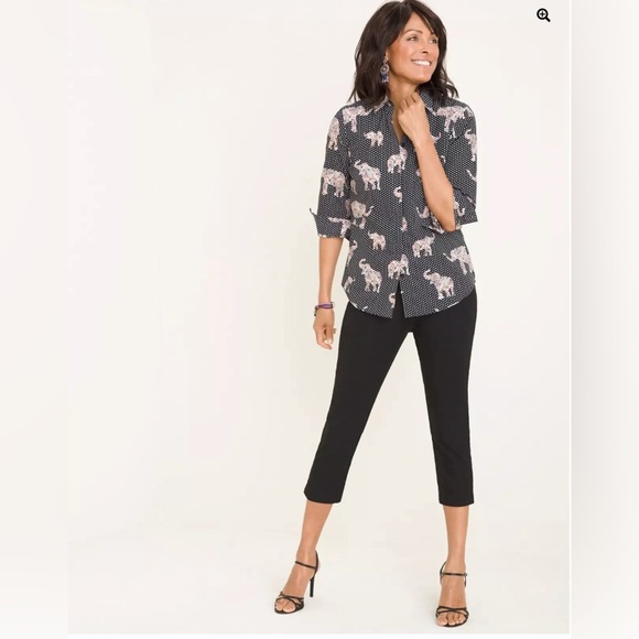 Chico's Size 1 Black Polka Dot Elephants Button Up Shirt No Iron Stain Sheild - Picture 4 of 14